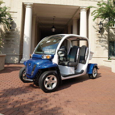 GEM® e4 Electric Car - This vehicle is perfect for visiting family and friends or just recreational driving. Features seating for 4 people, a sunroof and six 12-volt flooded electrolyte batteries for a range of up to 30 miles on a charge. It's economic and environmentally friendly! 
